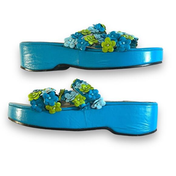 VINTAGE CAPARROS Turquoise Lime Floral and Bead Slide Platform Sandals SZ 6.5 - Picture 11 of 12